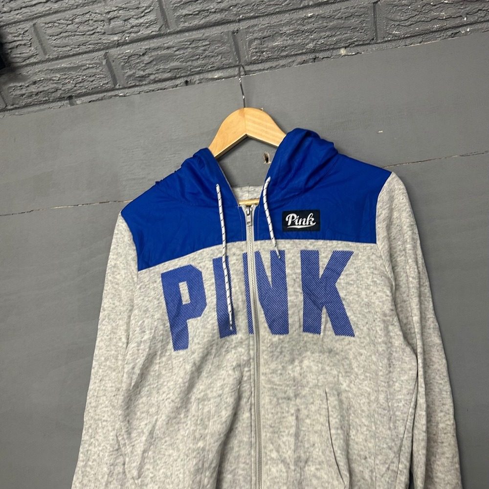 Pink Victoria's Secret Hoodie Full Zip Gray Blue Logo Graphic Size M